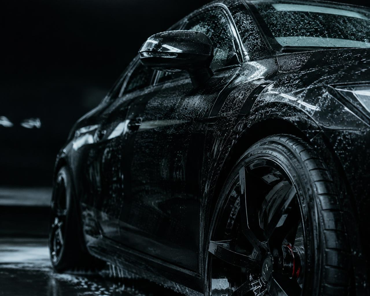 Carrosserie noire perlée de gouttes d'eau